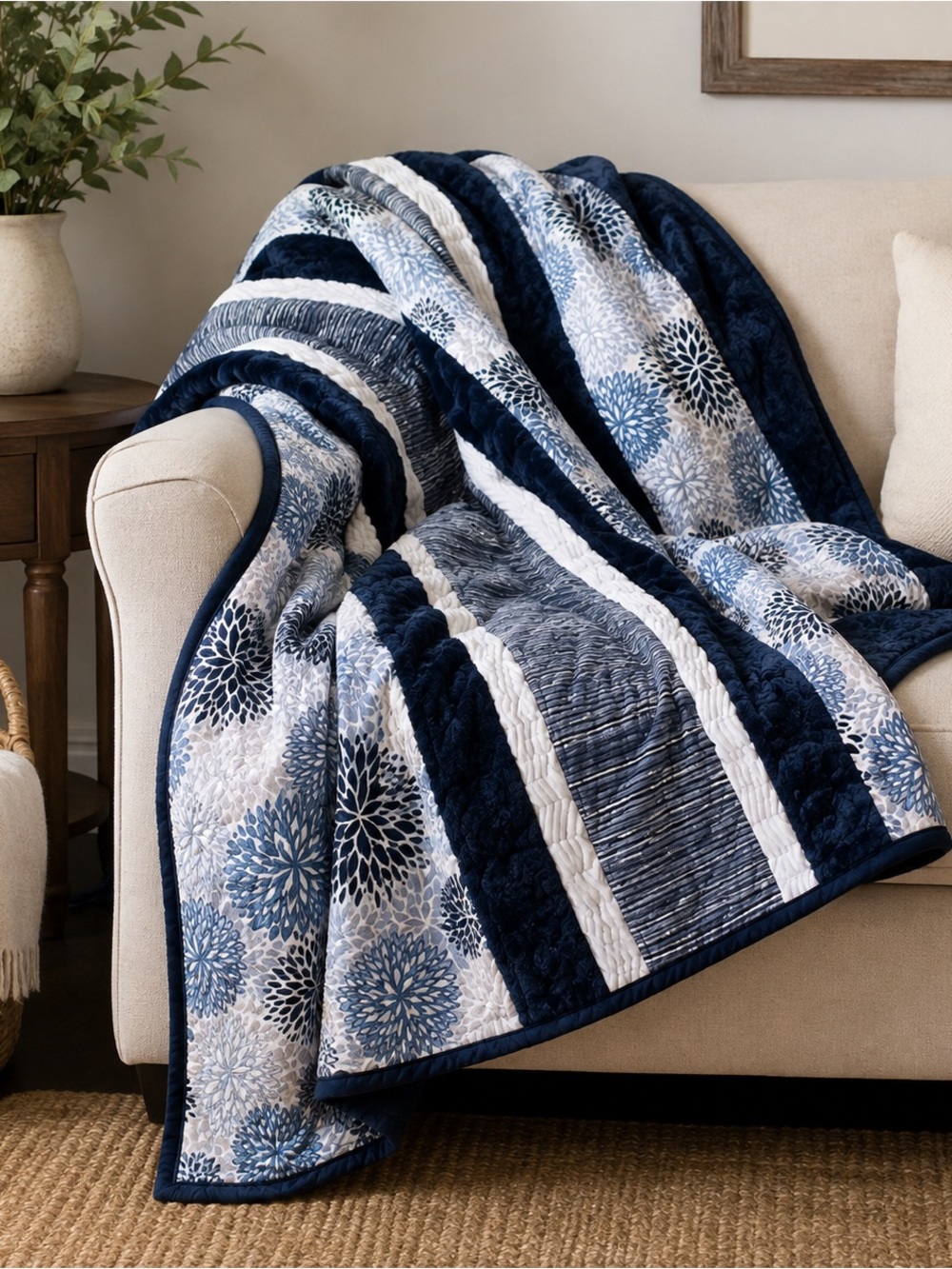 Handmade Blue White Cuddle Quilt Floral Patchwork Plush Reversible 75x58